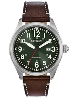 The Citizen BM6838-09X Garrison Eco-Drive from Citizen Watches features a green dial with white numerals, date display, silver case, and a brown leather strap with white stitching—rugged style with bold hands and red second hand for men.