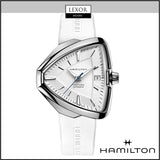 The Hamilton H24505311 Ventura Elvis80 Auto by Hamilton Watches features a white silicone strap, unique triangular silver-tone case, automatic movement, white dial with silver hour markers, date window, and a Lexor Miami logo.