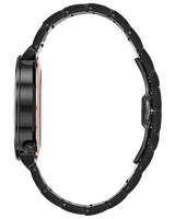 Side view of the Bulova Watches 98A188 Latin Grammy® men’s watch showing its black stainless steel strap, round face, and slim profile against a light gray background.