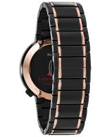 A close-up of the back of a Bulova Watches 98A188 Latin Grammy® Black Stainless Steel Strap Men's Watch, featuring rose gold accents and the visible Latin Grammy® logo on the case back, with its crown positioned on the left.