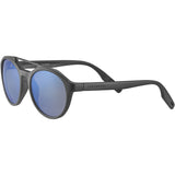 The Serengeti Leandro 8594 Unisex Sunglasses feature matte black thick frames, round blue reflective lenses, and the SERENGETI logo on the side for a sport-chic look.
