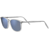Serengeti Lenwood SS485002 unisex sunglasses with clear frames and blue-tinted lenses shown at an angle to reveal front and side views. "SERENGETI" appears on the left arm. Available from authorized dealer in Miami.