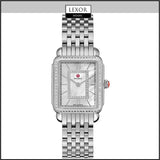 The Michele MWW06I000001 Square Steel Strap Women’s Watch by Michele Watches features a rectangular face, diamond bezel, and silver metal band. Shown on a white background with the Lexor Miami logo at the top.