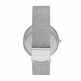 A silver mesh strap with a clasp engraved with Michael Kors, viewed from the back of the Michael Kors MK4518 Darci Stainless Steel Strap Women Watch. The round case and crown are partially visible.