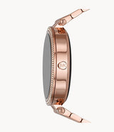A close-up of the Michael Kors MKT5128 Darci Gen 5E Rose Gold Stainless Steel Strap Women Smart Watch by Michael Kors Watches, highlighting its elegant design and advanced features.
