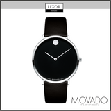 The Movado 0607262 Leather Strap Men’s Watch by Movado Watches features a black leather strap, black dial, Swiss quartz movement, and a signature silver dot at 12 o'clock. Lexor Miami and Movado: The Art of Design are shown in the image.