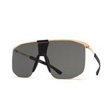 The Mykita MH-16 Yarrow Unisex Sunglasses by Mykita feature gold frames, oversized dark rectangular lenses, black nose pads, and black temple tips for a sleek, modern look inspired by MYLON sunglasses.