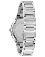 A close-up of the Bulova Watches 96E117 Millennia Diamond Accent men's watch with a stainless steel strap, highlighting the engraved back and case side.