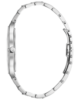 Side view of the Bulova 96E117 Millennia Diamond Accent men's watch by Bulova Watches, featuring a slim case, visible crown and clasp, stainless steel strap, and shown against a plain white background.