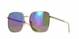 Chic and modern, the Gucci GG0802S 004 57 Women Sunglasses feature a square frame with thin gold rims, iridescent purple-blue lenses with a “GG” pattern, slim temples, clear nose pads for comfort, and 100% UV protection.