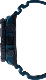 Side view of the G-Shock Watches PRTB70-2 Pro Trek Quad Sensor men's watch, featuring a chunky design, blue resin strap, two textured buttons, and opened band against a white background.