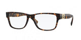 The Versace VE3295 108 54 Unisex Optical Frame by Versace Sunglasses features a brown tortoiseshell rectangular design with clear lenses and gold accents, offering everyday sophistication for any style.