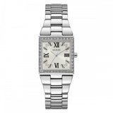 The Guess GW0026L1 Chateau Silver Stainless Steel Women's Watch features a square white face with black details, Roman numerals, a crystal-studded bezel, and a silver link bracelet—stylish and elegant from Guess Watches.