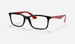 Ray-Ban Optical RB7047 2475 eyeglasses with black frames and red arms, featuring a small white Ray-Ban logo on the left arm. Set against a plain light gray background.