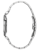 Side view of a Bulova 96A233 Regatta silver stainless steel strap men’s watch by Bulova Watches, featuring a thin round blue dial and metal link band, shown open against a plain white background.