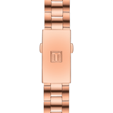A rectangular rose gold clasp with a raised T logo, attached to the Tissot PR 100 Sport Chic Rose Gold Stainless Steel Strap Women Watch (T1019103311600) by Tissot Watches.