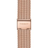 Close-up of the rose gold mesh strap on the Tissot T1019173303100 PR 100 Sport Chic Chronograph from Tissot Watches, showing a clasp engraved with TISSOT. The background is plain white.