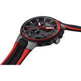 The Tissot T1114172744100 T-Race Cycling Chronograph features a black-red silicone strap, black dial with red accents, three subdials, and a tachymeter bezel by Tissot Watches, shown at an angle on a white background.