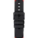 Close-up of the Tissot T1114172744100 T-Race Cycling Chronograph's black-red silicone strap featuring a matte black buckle with the Tissot Watches logo, multi-hole adjustment, and a sporty Swiss design for men.