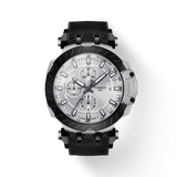 The Tissot Watches T1154272703100 T-RACE AUTOMATIC CHRONOGRAP features a silver and black face, three subdials, tachymeter markings, a textured black strap, and bike-racing-inspired design, shown on a plain white background.