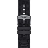 Black textured watch strap with silver TISSOT-engraved buckle, designed for the Tissot Watches T1154272703100 T-RACE AUTOMATIC CHRONOGRAP, featuring two loops and multiple holes for adjustable fit. Inspired by bike racing.
