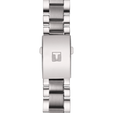 A close-up of the Tissot T1166171103700 Chrono XL Classic stainless steel strap from Swatch Group shows an engraved "T" clasp and a mix of brushed and polished finishes, reflecting the superior quality of Swiss made men's watches.