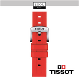 A bold red silicone strap with a silver TISSOT-engraved buckle, featuring the Tissot Watches logo bottom right and LEXOR MIAMI top center on white—ideal for the Tissot T1144171703702 PRC 200 Chronograph Men’s Watch.