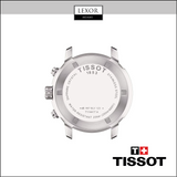 Back view of Tissot T1144171703702 PRC 200 Chronograph Red Silicone Strap Men Watch shows engravings for sapphire crystal, stainless steel, 200m water resistance, serial numbers, plus Tissot Watches and Lexor Miami logos.