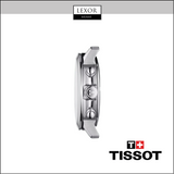 Side view of a silver Tissot Watches PRC 200 Chronograph T1144171703702 with two pushers, crown, and red silicone strap on a white background. "Lexor Miami" is at the top; Tissot logo at the bottom right.