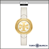 The Tory Burch TBW6200 The Miller features a gold case, white leather strap, and signature logo watch face. Displayed on white with LEXOR MIAMI and TORY BURCH logos. A stylish addition to women’s watch collections.