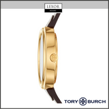 Side view of Tory Burch TBW6200 The Miller women’s watch in gold-tone with a white leather strap by Tory Burch Watches. The Lexor Miami and Tory Burch logos appear above and below the watch on a white background.