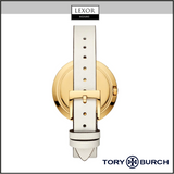 The Tory Burch TBW6200 The Miller features a white leather strap and gold case, shown from the back with the Lexor Miami logo above and Tory Burch Watches branding below—ideal for fans of elegant women’s timepieces.