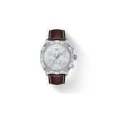 The Tissot T1016171603100 PR 100 Sport Gent Chronograph by Tissot Watches features a brown leather strap, three subdials, and a date display on a silver-tone dial, shown against a white background.