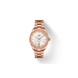 The Tissot T1019103311600 PR 100 Sport Chic features a rose gold stainless steel strap, Swiss quartz movement, white mother-of-pearl dial with date at 6 o’clock, and gold hands—elegantly set against a white background with shadow.