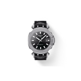 The Tissot T1154071705100 T-Race Swissmatic Men’s Watch features a black leather strap, black dial, white hour markers, and date at 3 o’clock—an elegant men’s watch from Tissot Watches with Swiss precision, shown against a white background.