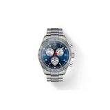 The Tissot Watches T1316171104200 PRS 516 Chronograph men’s watch features a stainless steel case, blue dial with three silver subdials, red hands, and a metal link band, shown on a white background.