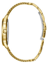 Side view of the Guess Watches U0280G3 Wafer Unisex Gold Stainless Steel Mesh Strap Watch, featuring a round case, clasp, and sleek, minimalist design for an elegant and lightweight look.