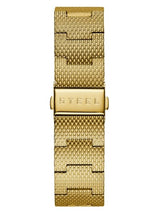 The Guess Watches U0280G3 Wafer features a gold stainless steel mesh strap with a “STEEL” clasp, textured woven pattern, and polished metallic finish—ideal for unisex style.