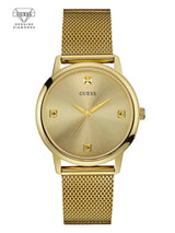 The Guess U0280G3 Wafer features a gold stainless steel mesh strap, minimalist gold dial, and four diamond markers at 3, 6, 9, and 12 o’clock. This unisex watch from Guess Watches blends elegance with simplicity.