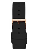 The Guess U1135L4 Solar Black Silicone Strap Women's Watch by Guess Watches features a front-centered rose gold buckle and visible strap loops—an elegant accessory that pairs perfectly with your favorite rhinestone bezel watch.