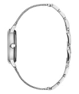 Side view of the Guess Watches U1197L2 Chelsea women’s watch with a slim stainless steel mesh strap, visible crown and clasp, and subtle diamond marker accents for elegant style.
