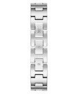 The Guess Watches U1197L2 Chelsea features a polished silver stainless steel mesh strap for women, highlighted by rectangular links with GUESS engraved at the center, combining elegance with modern style.