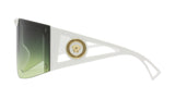 Versace 0VE4393 401/1W46 Unisex Sunglasses feature wide white arms with a circular gold Medusa emblem, and large visor-style gradient lenses that fade from dark gray to green. Brand: Versace Sunglasses.