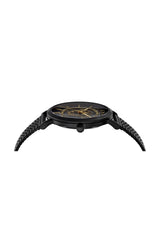 Side view of the Versace VEJ400621 V Essential 40mm men’s watch, featuring a sleek black face with gold accents and a stainless steel band by Versace Watches, shown on a white background.