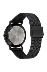 The Versace VEJ400621 V Essential 40 mm Men Watch features a black textured stainless steel band and an engraved Medusa logo on the caseback, inscribed with “sapphire crystal,” “Swiss made,” and “5 ATM.”.