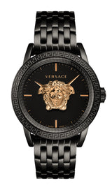 The Versace Watches VERD00518 Palazzo Empire 43 mm Men's watch features Swiss Quartz movement and a sophisticated black and gold design.