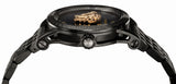A close-up side view of the Versace Watches VERD00518 Palazzo Empire 43 mm Men Watch, featuring a black metal band, gold Medusa head on the face, Greek key bezel, and precise Swiss Quartz movement.