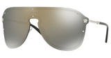 Versace VE2180 10005A 44 women’s sunglasses feature a large frameless design with gold-mirrored lenses, black arms, and small Medusa logos at the temples. These Versace Sunglasses deliver a bold, modern statement for any occasion.