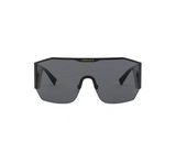 Versace VE2220 100987 41 Unisex Sunglasses feature a bold black frame, single angular dark lens, and the Versace logo above the nose bridge. From Versace Sunglasses, they are displayed on a crisp white background.