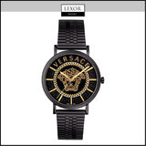 A Versace VEJ400621 V Essential 40 mm men's watch in black stainless steel, featuring a gold Medusa logo and Greek key dial, is shown on a white background with the LEXOR MIAMI logo above. Brand: Versace Watches.